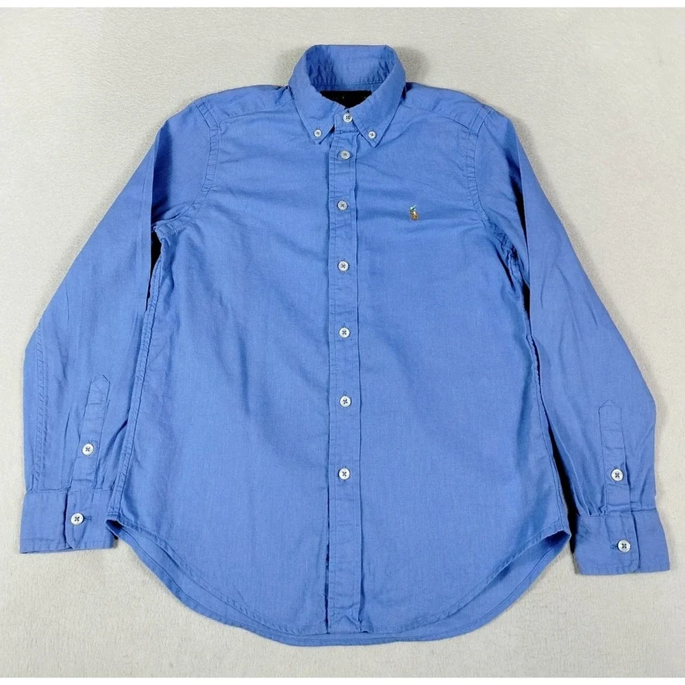 Ralph Lauren Shirt Youth Medium 10-12 Blue Linen Cotton Button Down Pony Logo